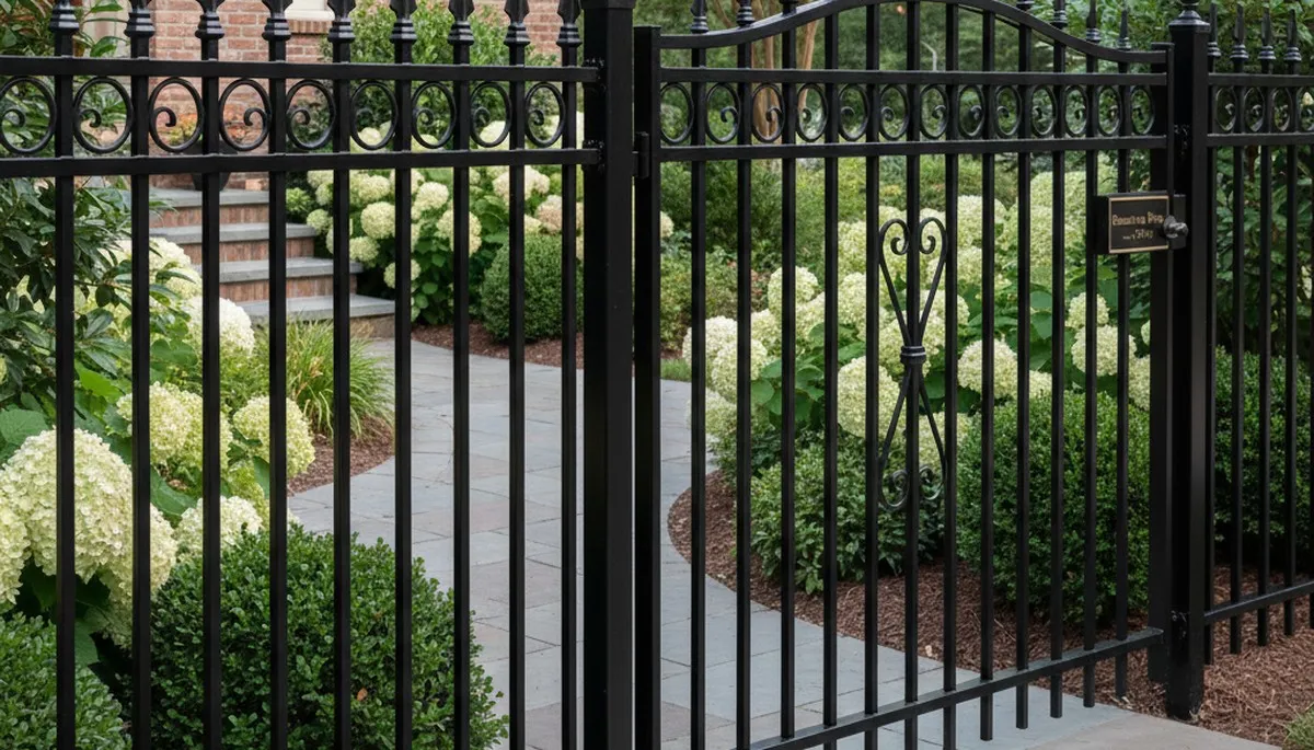 Black ornamental metal fence installation with decorative design by Chop Chop Landscaping in Richmond, VA