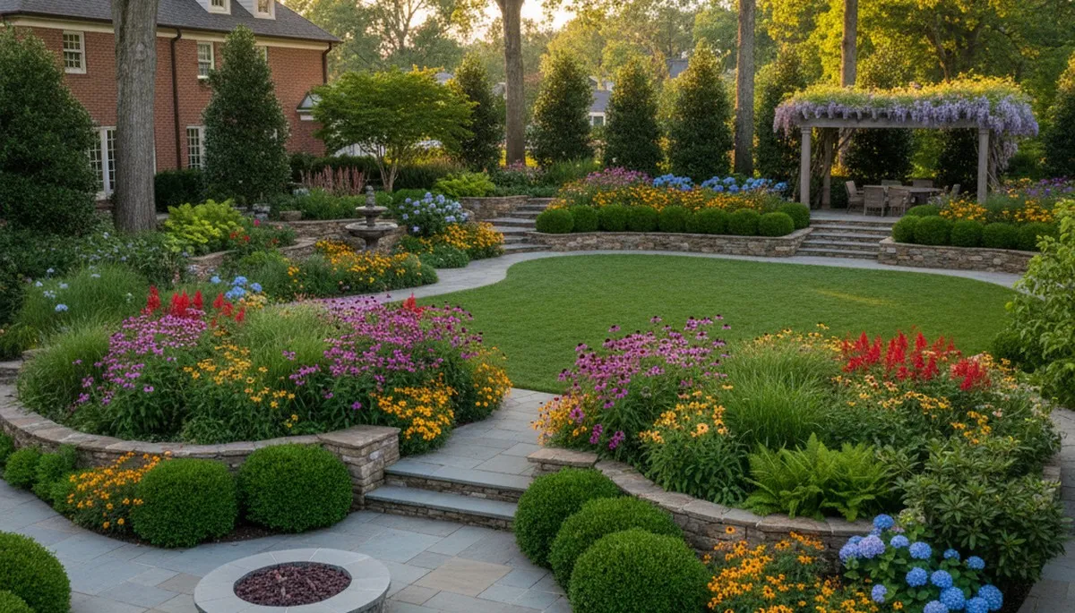 Full property landscape transformation with lawn, hardscape, and garden design in Richmond, VA