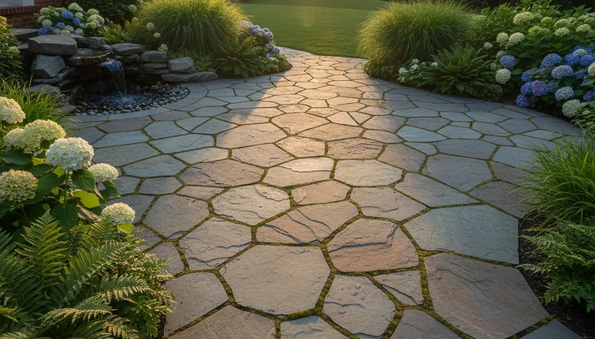 Natural flagstone patio with slate pavers installed by landscapers in Richmond, VA backyard