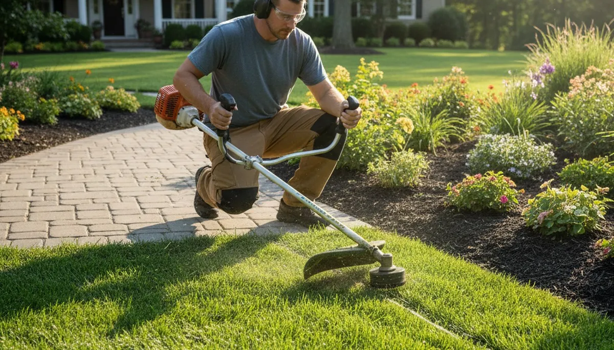 Technician edging lawn with string trimmer for clean borders, Richmond VA lawn maintenance service