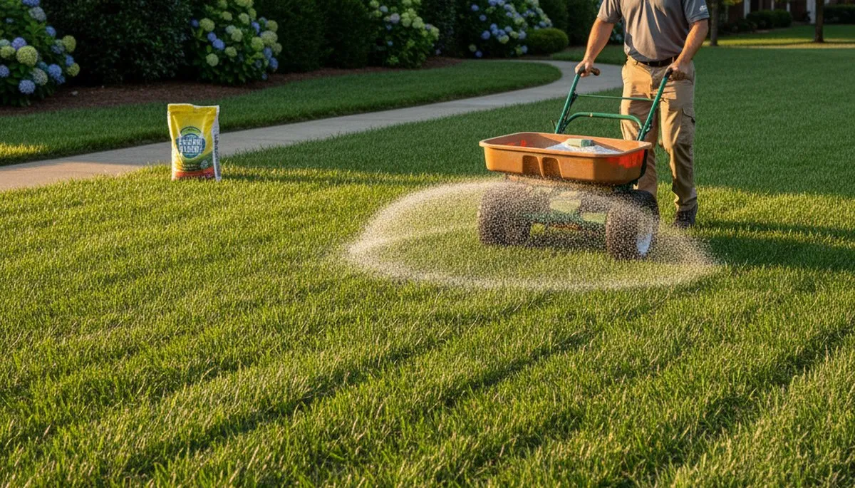 Professional lawn care applying fertilizer with spreader on residential lawn in Richmond, VA