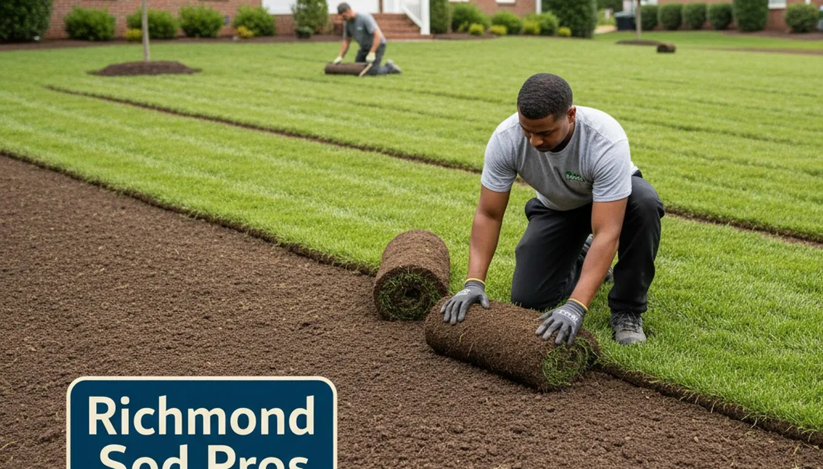 Professional landscaper laying fresh sod rolls during Richmond VA sod installation project