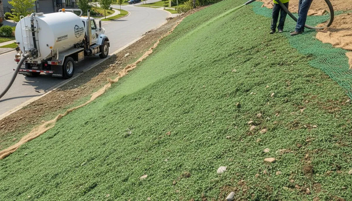 Professional slope hydroseeding for erosion control on hillside in Richmond, VA landscaping project