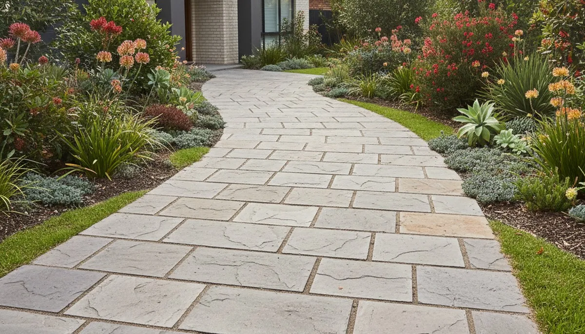 Stone paver walkway installation in Richmond, VA showcasing curved natural stone path by landscaping experts