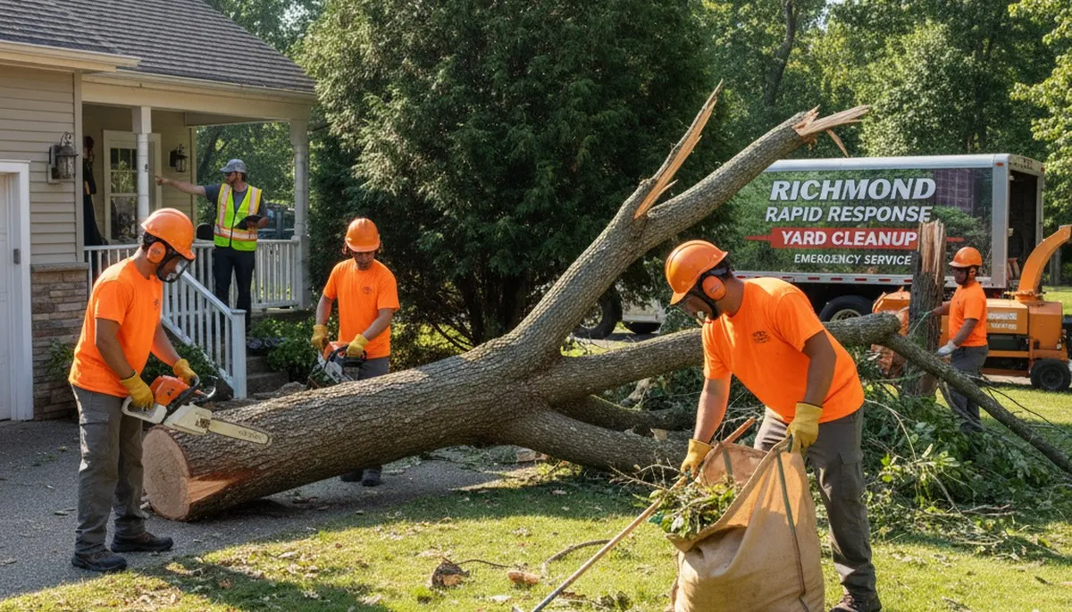 Storm damage cleanup crew removing fallen branches and debris in a Richmond VA yard