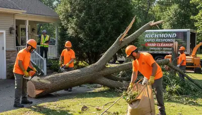 Storm damage cleanup crew removing fallen branches and debris in a Richmond VA yard