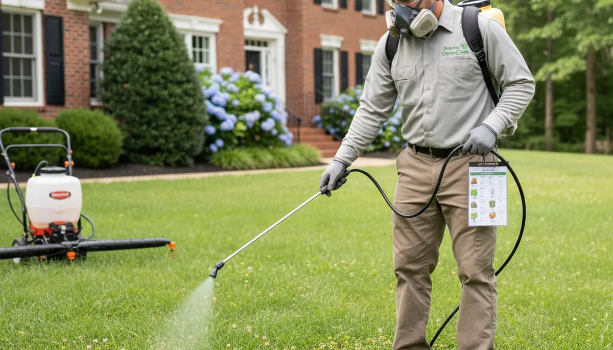 Lawn care technician applying targeted weed control spray in Richmond, VA for precise lawn maintenance